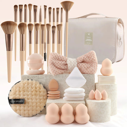 44 piece beige small fragrance style large capacity makeup brush set, handheld toiletry storage bag, portable for going out