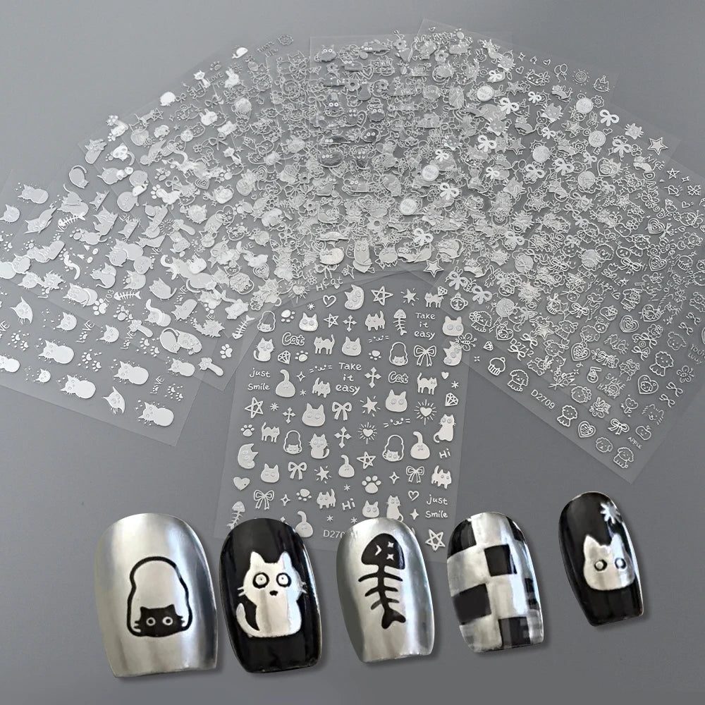 12sheet Cartoon Black Cat Nail Stickers Set Multiple Action Kawaii Puppy Kitten Nail Art Decals Adhesive Kids Manicure Decoratio
