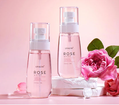 LIYALAN Rose Water Face Dry Skin Moisturizing Soothing Firming Toner Facial Care Hydrating Mist Refreshing Pores Shrink Spray