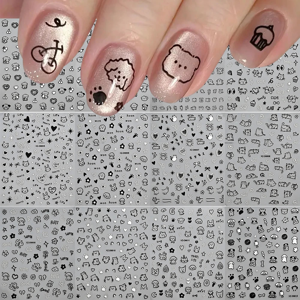 12sheet Cartoon Black Cat Nail Stickers Set Multiple Action Kawaii Puppy Kitten Nail Art Decals Adhesive Kids Manicure Decoratio