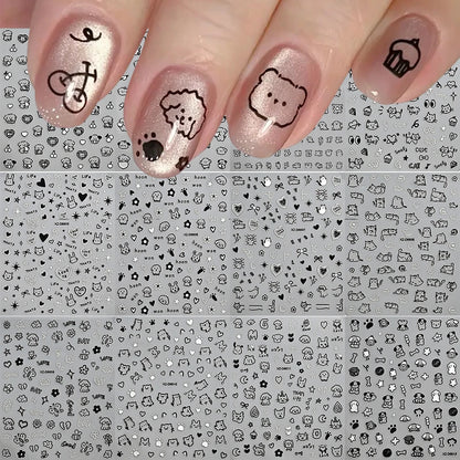 12sheet Cartoon Black Cat Nail Stickers Set Multiple Action Kawaii Puppy Kitten Nail Art Decals Adhesive Kids Manicure Decoratio