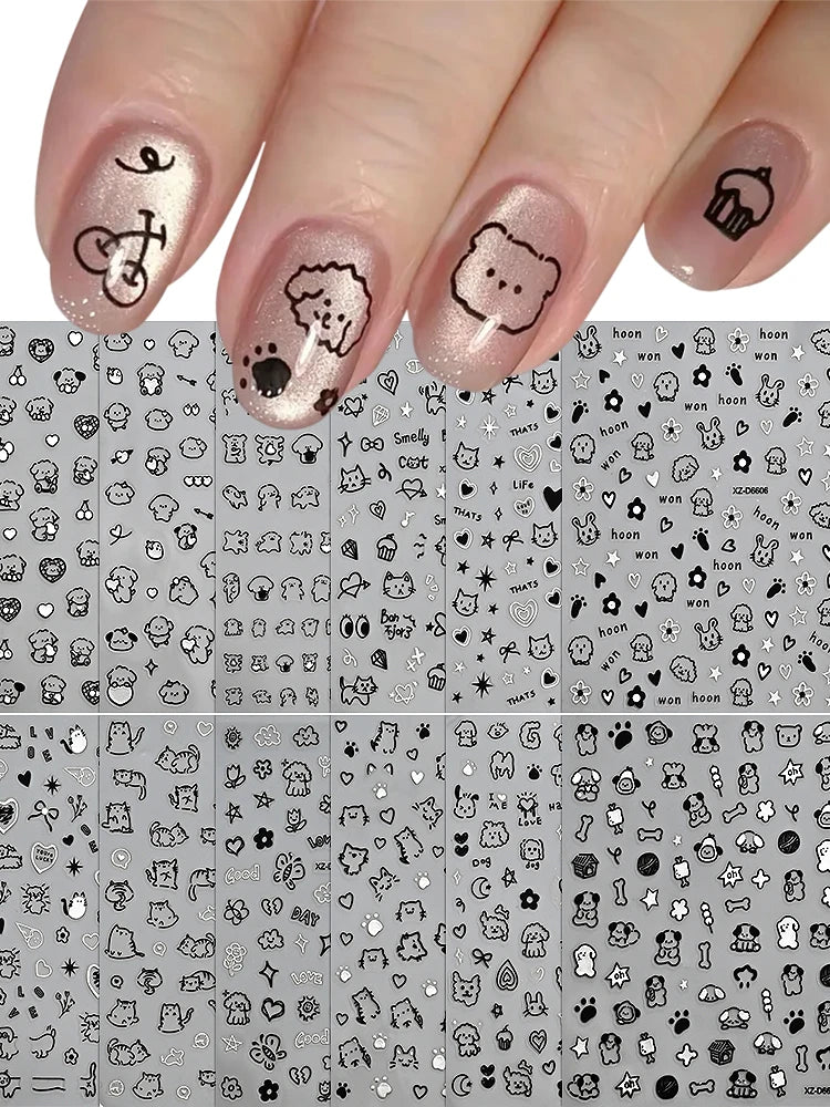 12sheet Cartoon Black Cat Nail Stickers Set Multiple Action Kawaii Puppy Kitten Nail Art Decals Adhesive Kids Manicure Decoratio