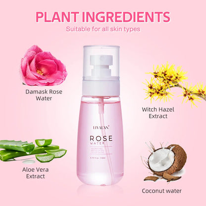 LIYALAN Rose Water Face Dry Skin Moisturizing Soothing Firming Toner Facial Care Hydrating Mist Refreshing Pores Shrink Spray