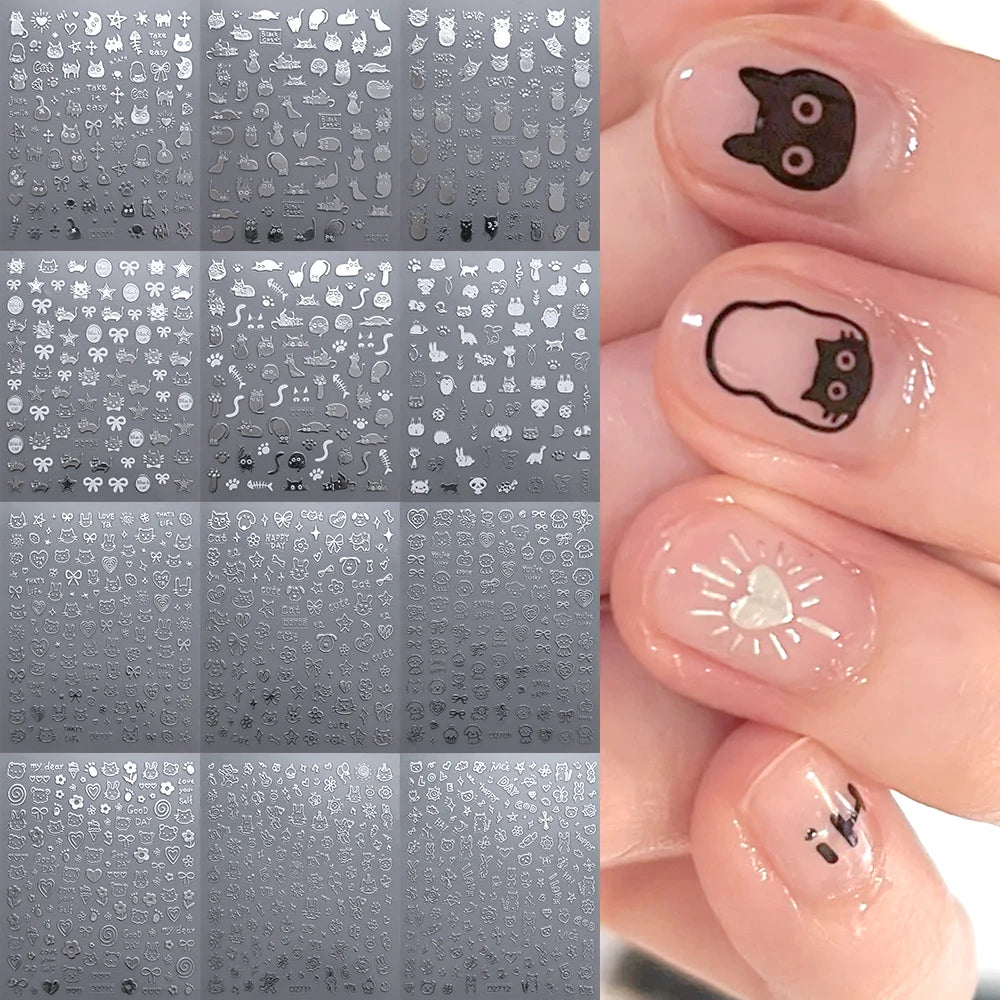 12sheet Cartoon Black Cat Nail Stickers Set Multiple Action Kawaii Puppy Kitten Nail Art Decals Adhesive Kids Manicure Decoratio