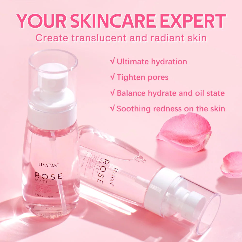 LIYALAN Rose Water Face Dry Skin Moisturizing Soothing Firming Toner Facial Care Hydrating Mist Refreshing Pores Shrink Spray