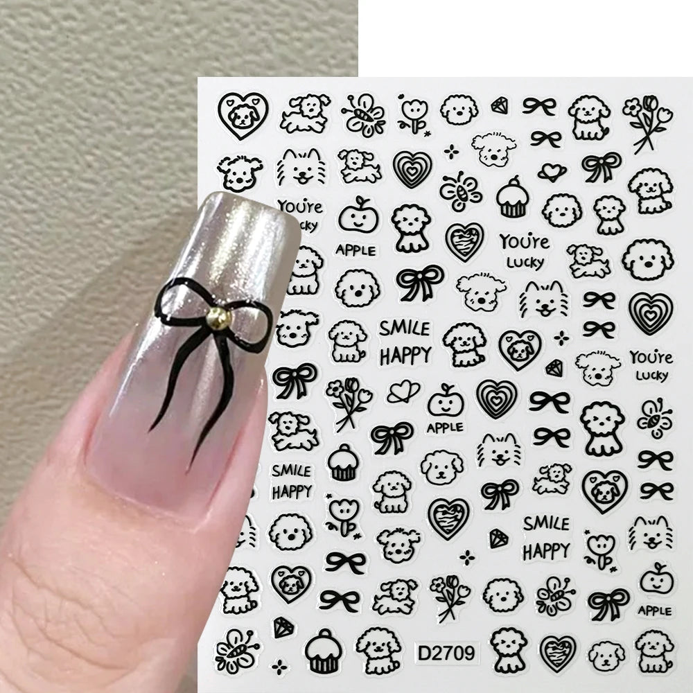 12sheet Cartoon Black Cat Nail Stickers Set Multiple Action Kawaii Puppy Kitten Nail Art Decals Adhesive Kids Manicure Decoratio