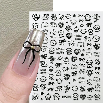 12sheet Cartoon Black Cat Nail Stickers Set Multiple Action Kawaii Puppy Kitten Nail Art Decals Adhesive Kids Manicure Decoratio