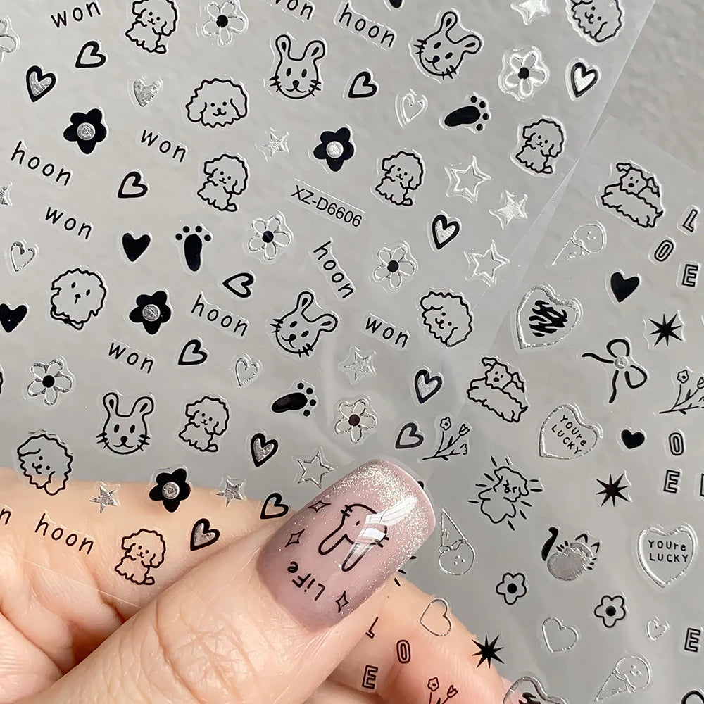12sheet Cartoon Black Cat Nail Stickers Set Multiple Action Kawaii Puppy Kitten Nail Art Decals Adhesive Kids Manicure Decoratio