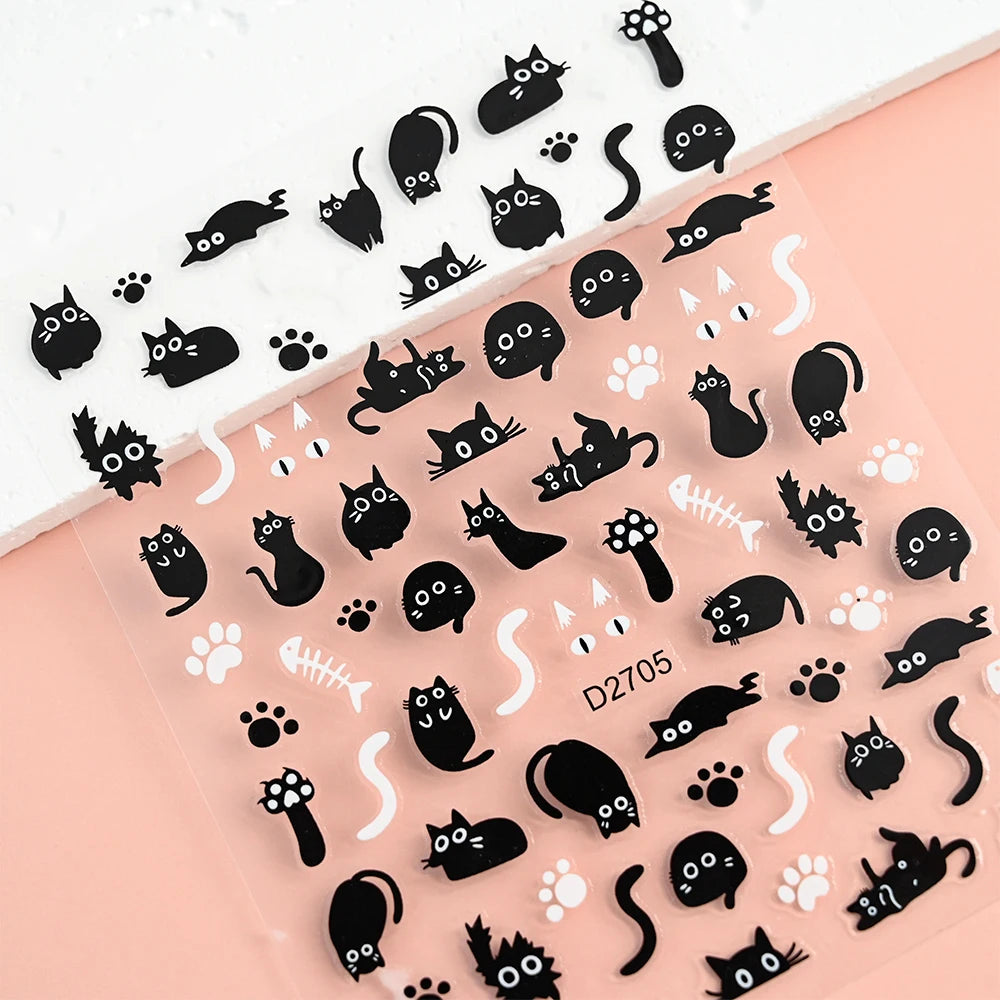 12sheet Cartoon Black Cat Nail Stickers Set Multiple Action Kawaii Puppy Kitten Nail Art Decals Adhesive Kids Manicure Decoratio