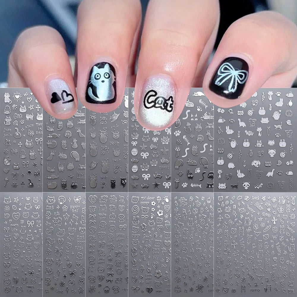 12sheet Cartoon Black Cat Nail Stickers Set Multiple Action Kawaii Puppy Kitten Nail Art Decals Adhesive Kids Manicure Decoratio
