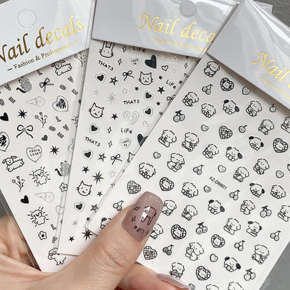 12sheet Cartoon Black Cat Nail Stickers Set Multiple Action Kawaii Puppy Kitten Nail Art Decals Adhesive Kids Manicure Decoratio