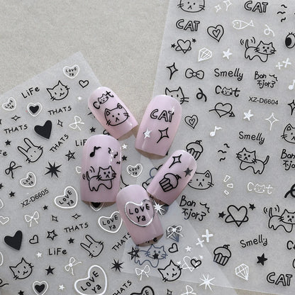 12sheet Cartoon Black Cat Nail Stickers Set Multiple Action Kawaii Puppy Kitten Nail Art Decals Adhesive Kids Manicure Decoratio