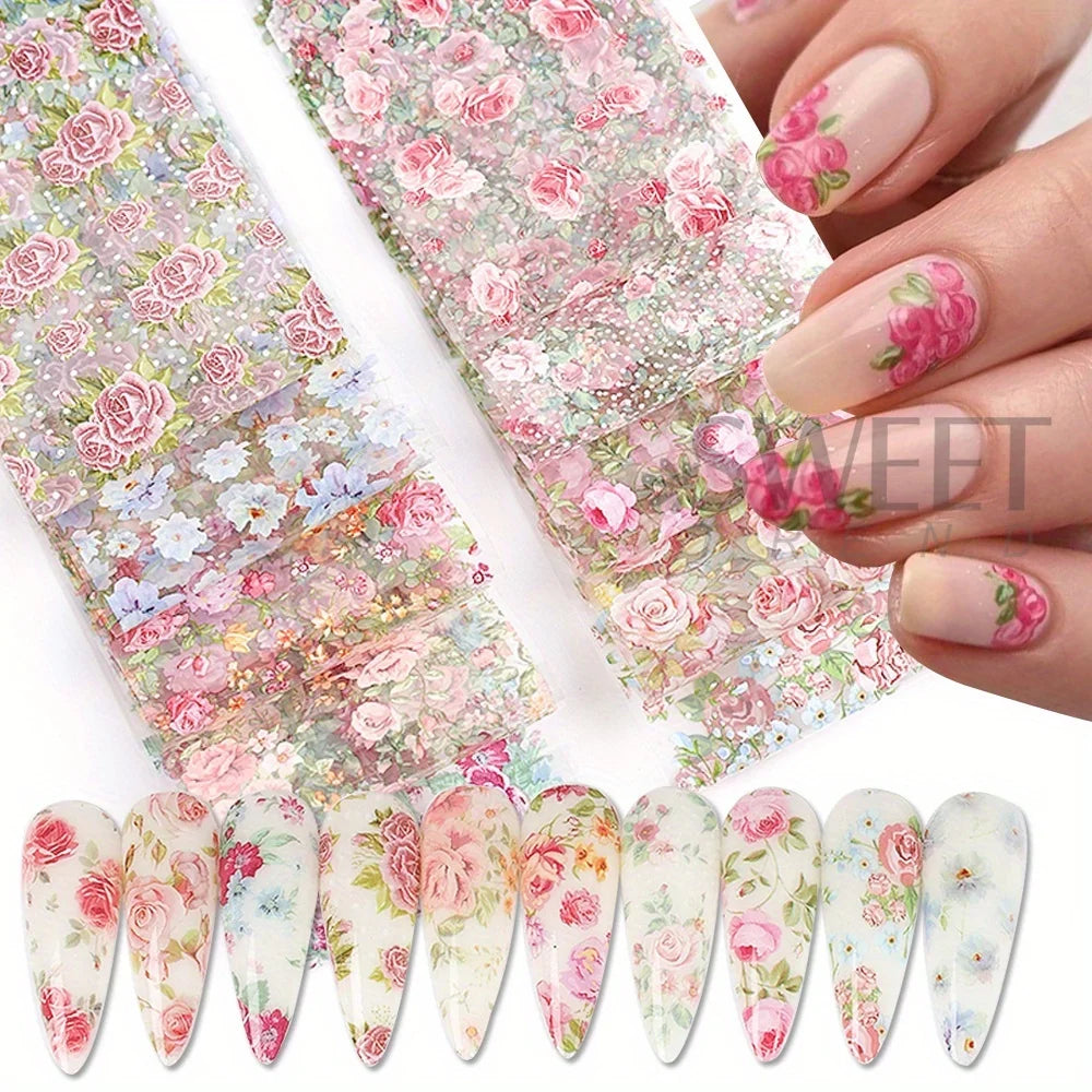 10PCS Mixed Nail Art Foils Transfer Sticker Set Rose Flower Designs Floral Starry Sky Nail Wraps Wedding Summer Manicure Decor
