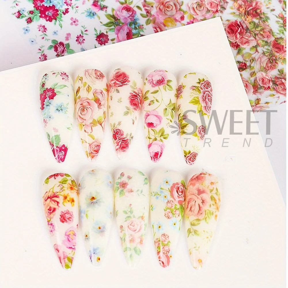 10PCS Mixed Nail Art Foils Transfer Sticker Set Rose Flower Designs Floral Starry Sky Nail Wraps Wedding Summer Manicure Decor