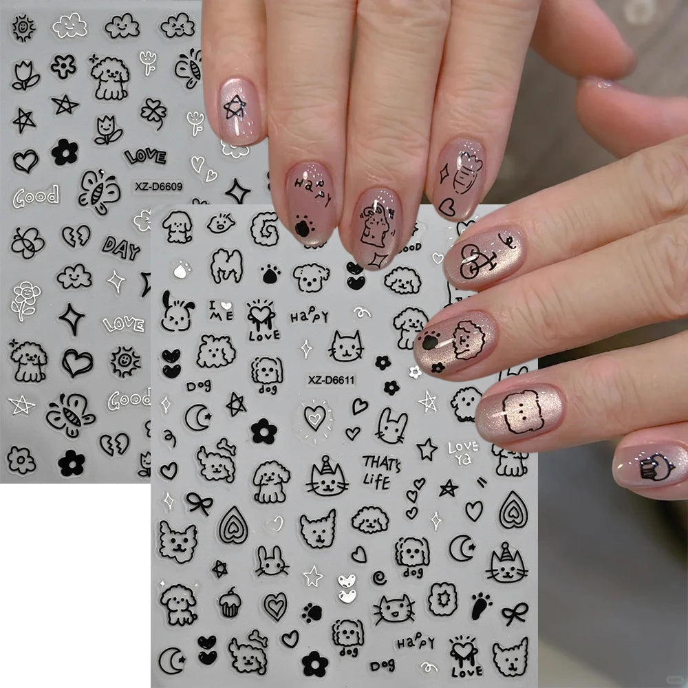 12sheet Cartoon Black Cat Nail Stickers Set Multiple Action Kawaii Puppy Kitten Nail Art Decals Adhesive Kids Manicure Decoratio