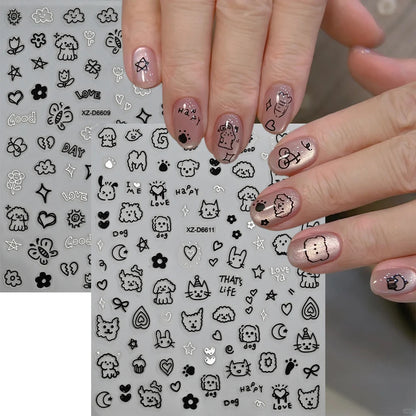 12sheet Cartoon Black Cat Nail Stickers Set Multiple Action Kawaii Puppy Kitten Nail Art Decals Adhesive Kids Manicure Decoratio