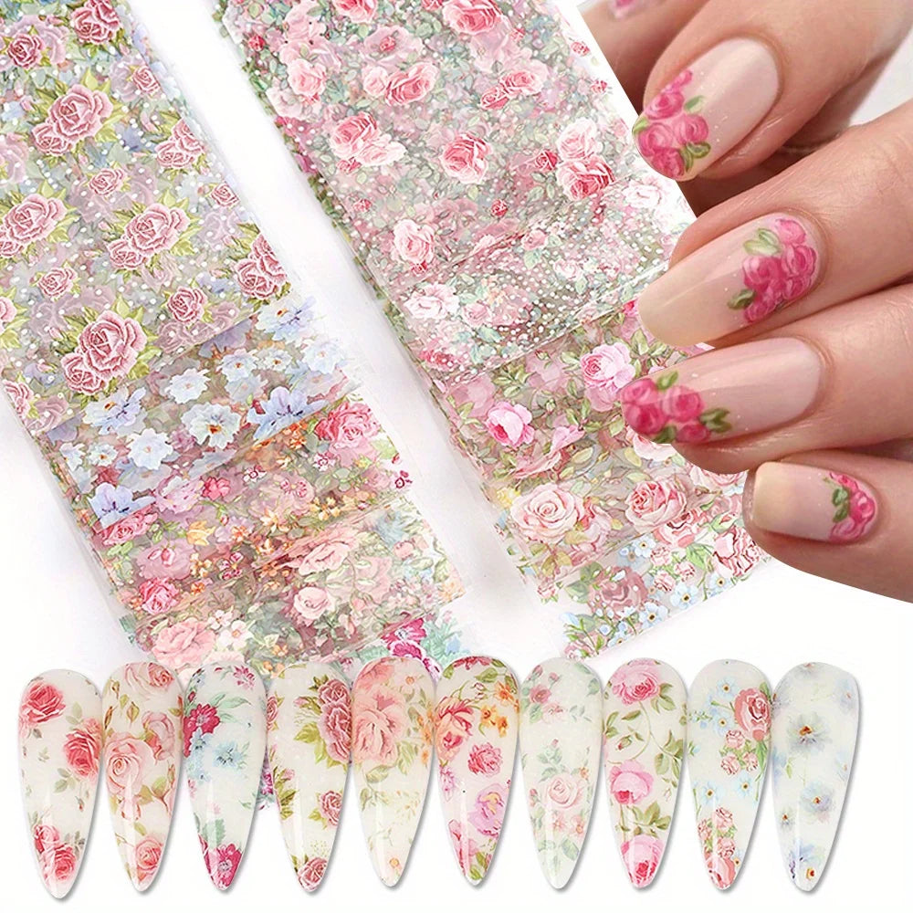 10PCS Mixed Nail Art Foils Transfer Sticker Set Rose Flower Designs Floral Starry Sky Nail Wraps Wedding Summer Manicure Decor