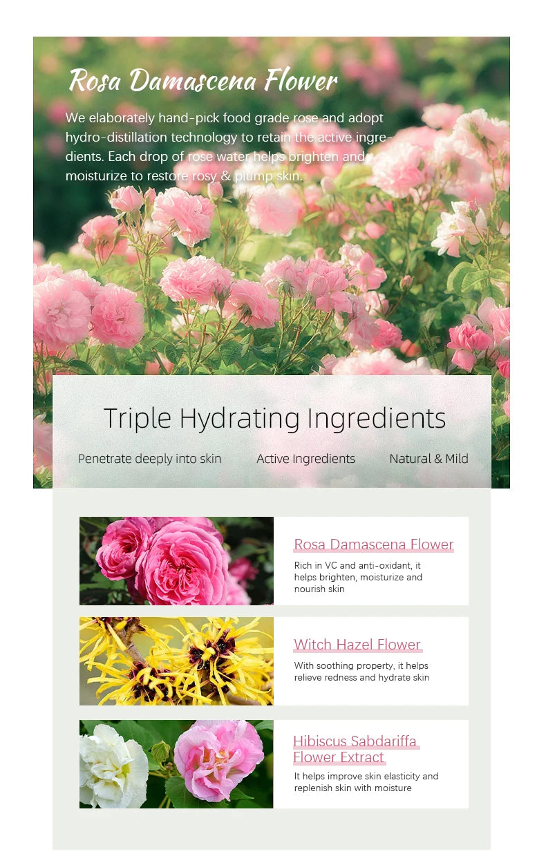 LIYALAN Rose Water Face Dry Skin Moisturizing Soothing Firming Toner Facial Care Hydrating Mist Refreshing Pores Shrink Spray