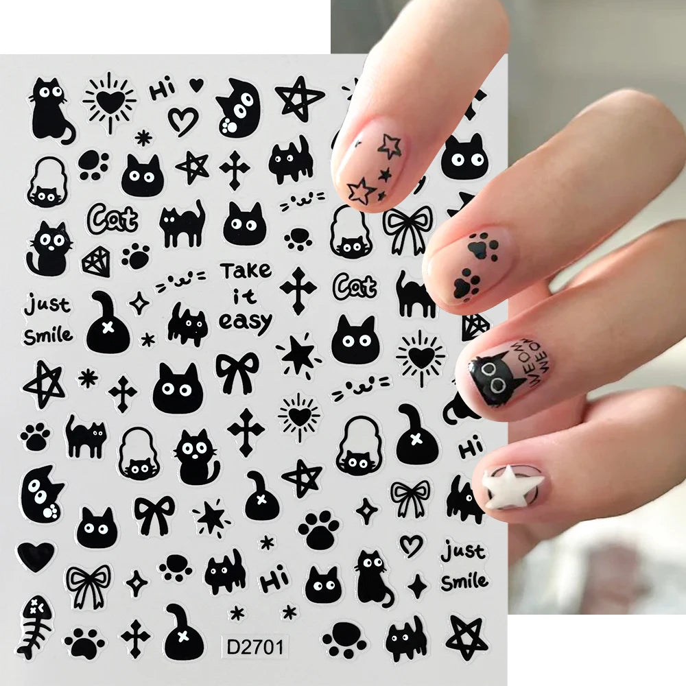 12sheet Cartoon Black Cat Nail Stickers Set Multiple Action Kawaii Puppy Kitten Nail Art Decals Adhesive Kids Manicure Decoratio