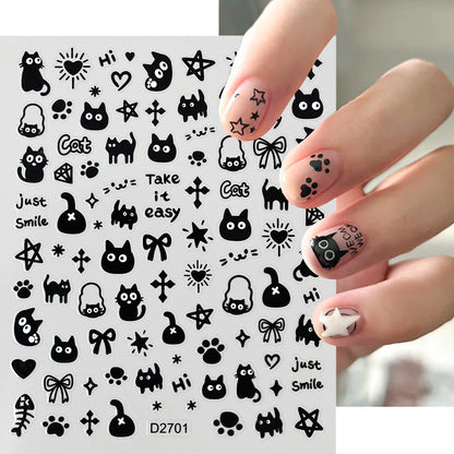 12sheet Cartoon Black Cat Nail Stickers Set Multiple Action Kawaii Puppy Kitten Nail Art Decals Adhesive Kids Manicure Decoratio