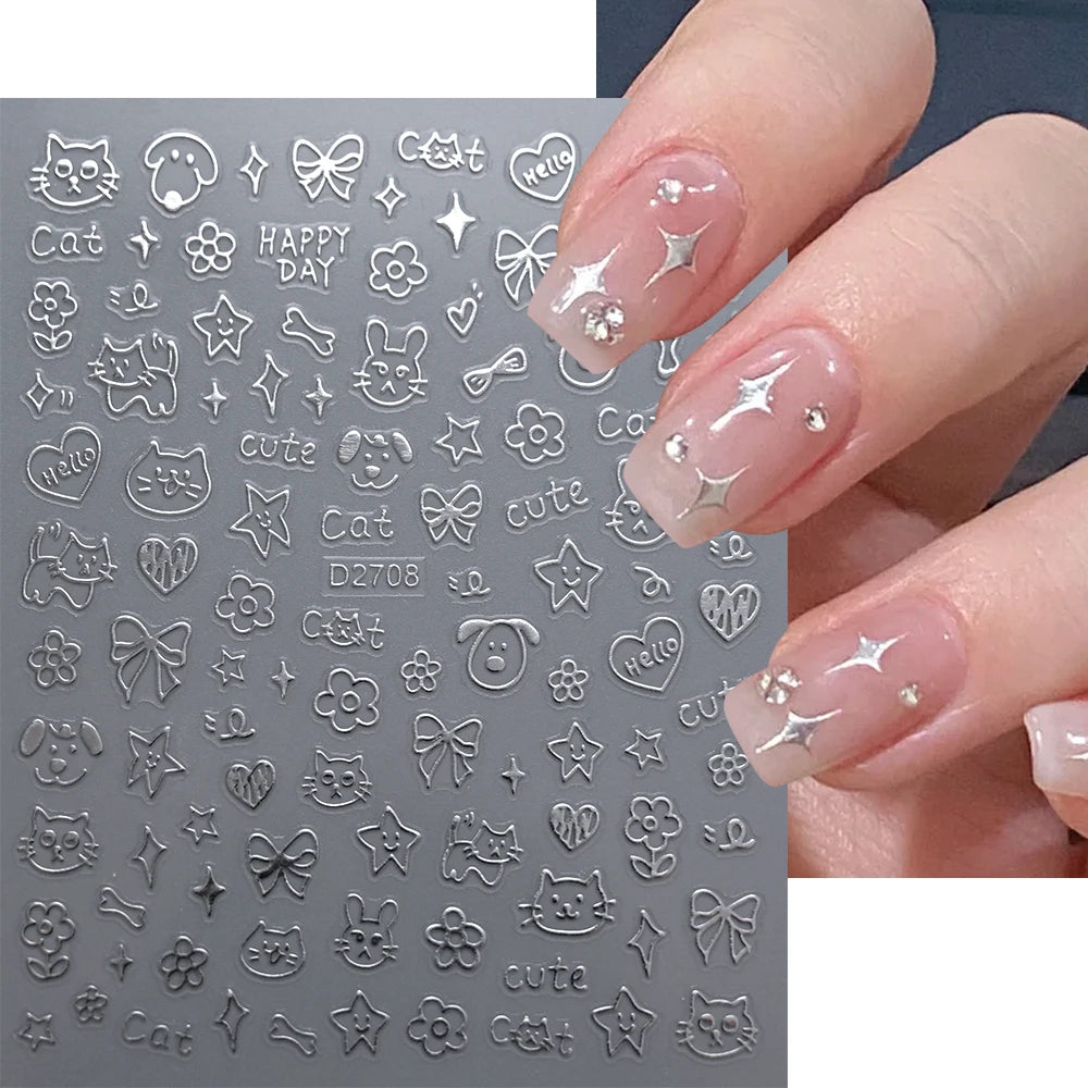 12sheet Cartoon Black Cat Nail Stickers Set Multiple Action Kawaii Puppy Kitten Nail Art Decals Adhesive Kids Manicure Decoratio