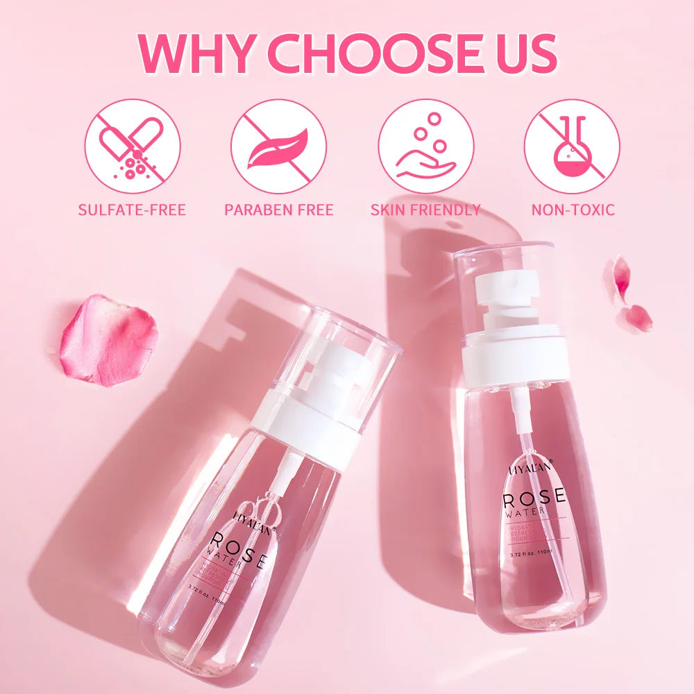 LIYALAN Rose Water Face Dry Skin Moisturizing Soothing Firming Toner Facial Care Hydrating Mist Refreshing Pores Shrink Spray