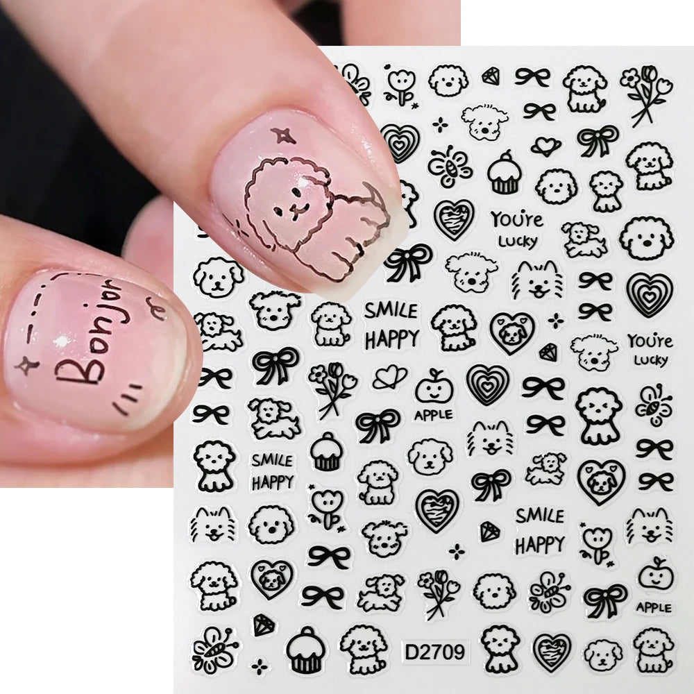 12sheet Cartoon Black Cat Nail Stickers Set Multiple Action Kawaii Puppy Kitten Nail Art Decals Adhesive Kids Manicure Decoratio