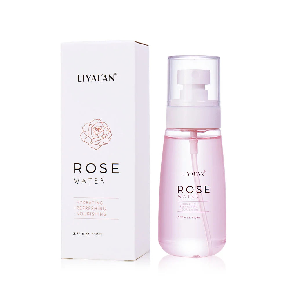 LIYALAN Rose Water Face Dry Skin Moisturizing Soothing Firming Toner Facial Care Hydrating Mist Refreshing Pores Shrink Spray