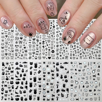 12sheet Cartoon Black Cat Nail Stickers Set Multiple Action Kawaii Puppy Kitten Nail Art Decals Adhesive Kids Manicure Decoratio