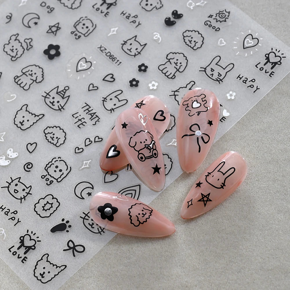 12sheet Cartoon Black Cat Nail Stickers Set Multiple Action Kawaii Puppy Kitten Nail Art Decals Adhesive Kids Manicure Decoratio