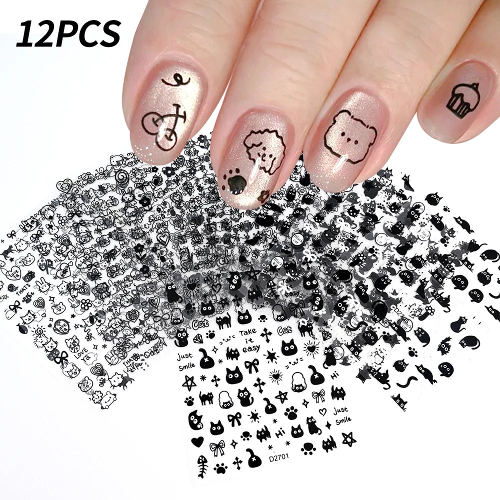 12sheet Cartoon Black Cat Nail Stickers Set Multiple Action Kawaii Puppy Kitten Nail Art Decals Adhesive Kids Manicure Decoratio