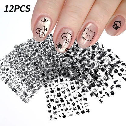 12sheet Cartoon Black Cat Nail Stickers Set Multiple Action Kawaii Puppy Kitten Nail Art Decals Adhesive Kids Manicure Decoratio