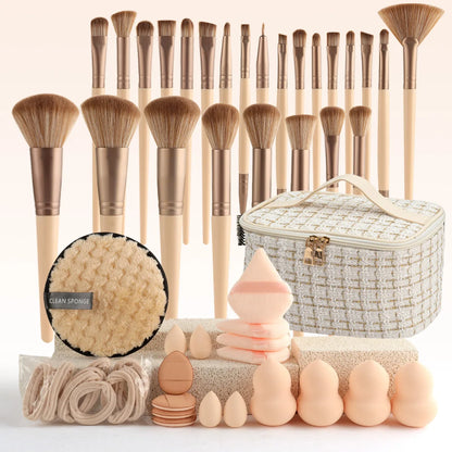 44 piece beige small fragrance style large capacity makeup brush set, handheld toiletry storage bag, portable for going out
