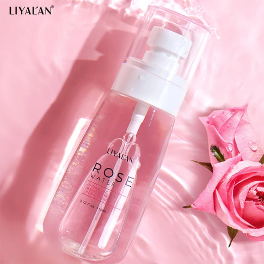 LIYALAN Rose Water Face Dry Skin Moisturizing Soothing Firming Toner Facial Care Hydrating Mist Refreshing Pores Shrink Spray