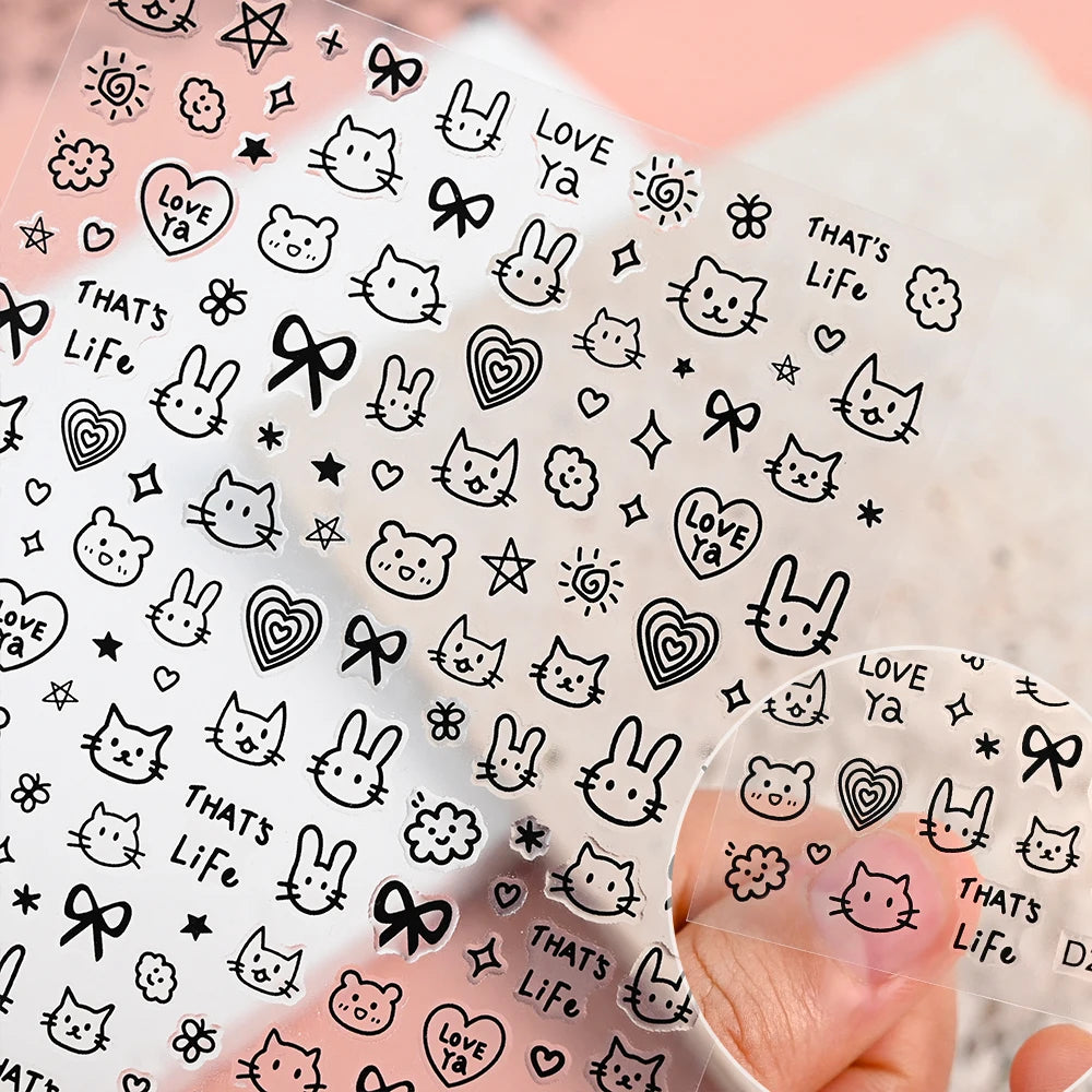 12sheet Cartoon Black Cat Nail Stickers Set Multiple Action Kawaii Puppy Kitten Nail Art Decals Adhesive Kids Manicure Decoratio