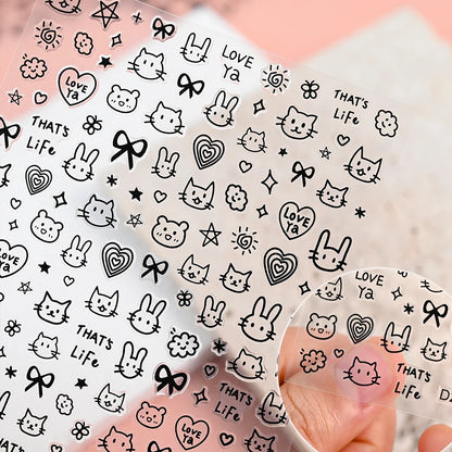 12sheet Cartoon Black Cat Nail Stickers Set Multiple Action Kawaii Puppy Kitten Nail Art Decals Adhesive Kids Manicure Decoratio